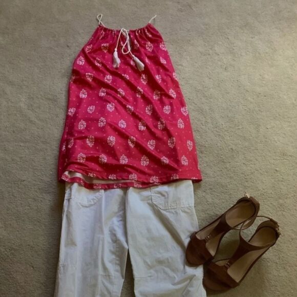 Women High Neck Floral Print Sleeveless T-Shirt Tank Top Red Medium - Picture 5 of 9